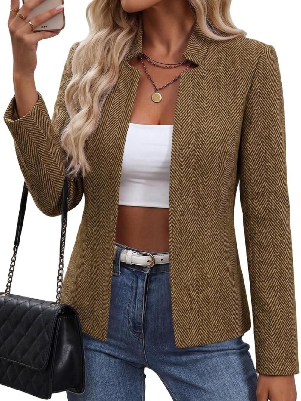 Chic Women's Open Front Tweed Blazer | Plaid Fitted Jacket for Fall 2026